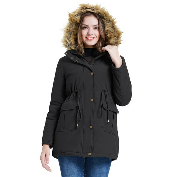 JSY Women Thick Faux Fur Collar Jacket Outwear Quilted Winter Hooded Parkas Coats 